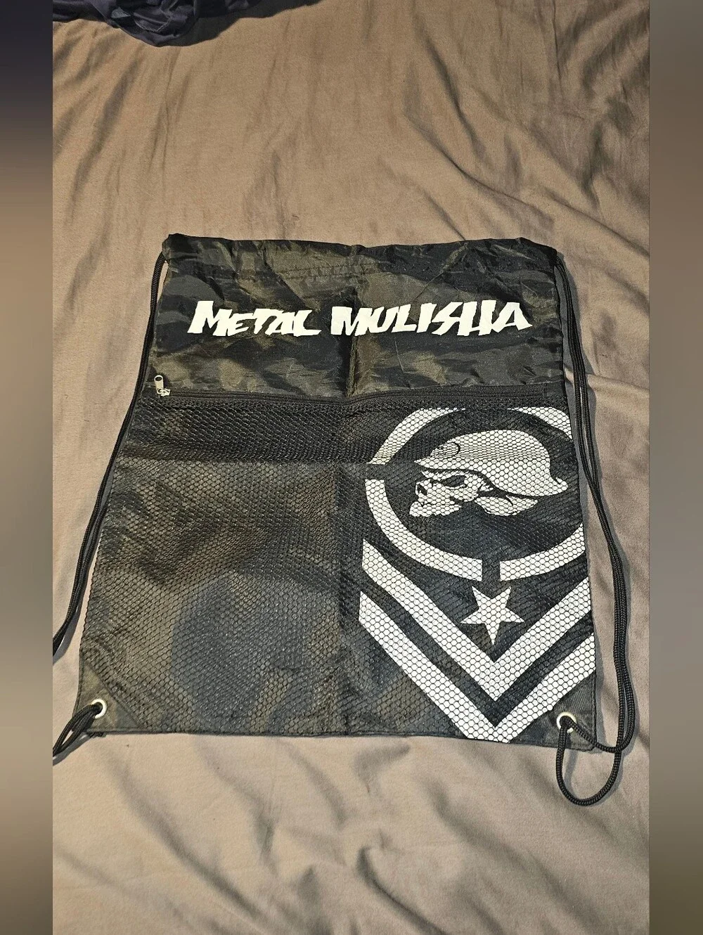 Metal Mulisha Black Drawstring Backpack with White Skull Emblem Y2K